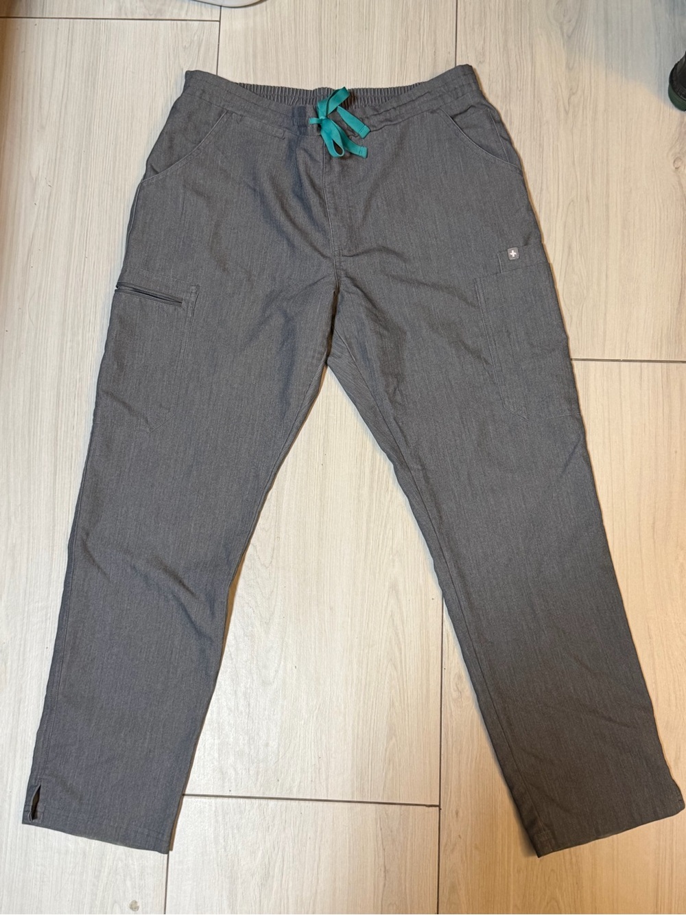 Figs Women's Straight Leg Scrub Pants in Charcoal with Teal Drawstring